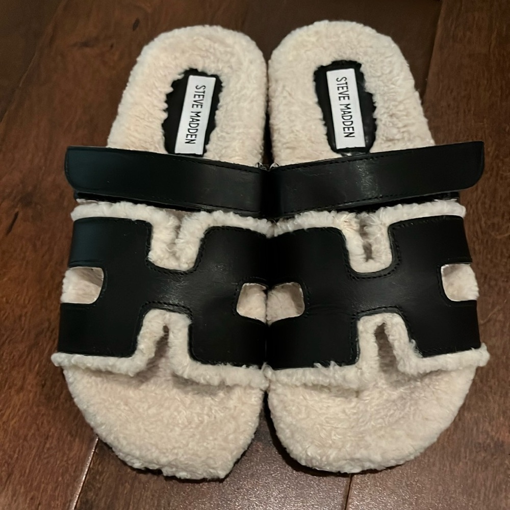 Steve Madden Faux Shearling & Leather Sandal Mayven Black 7 1/2